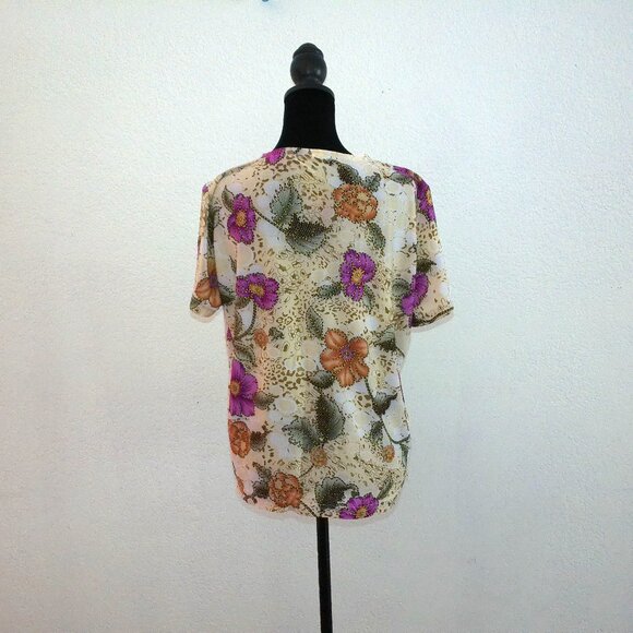 Purple/orange/beige shiny floral T-shirt, with golden glitters details - Picture 7 of 7